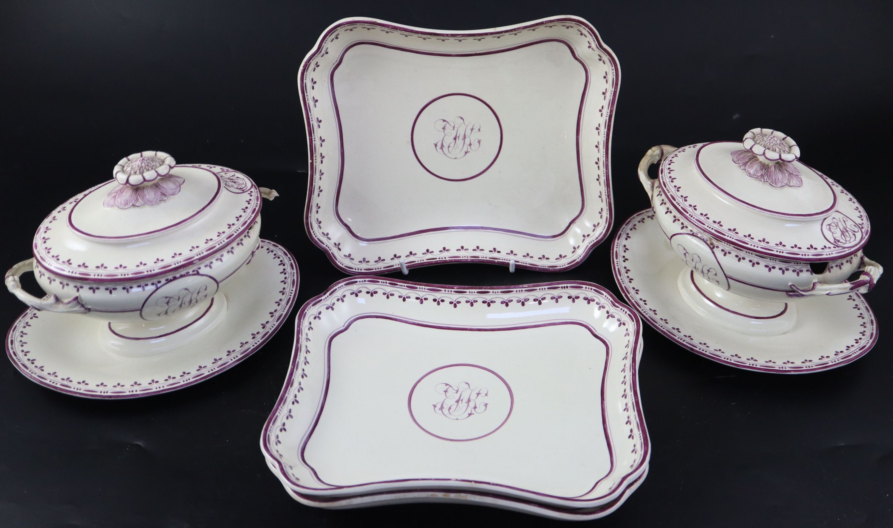 A pair of Wedgwood creamware oval sauce tureens, covers and fixed stands, and three matching serving dishes, c.1800, width 22cm